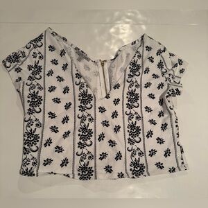 Charlotte Russe White Crop Top with Black Floral Stripe Pattern and Front Zip